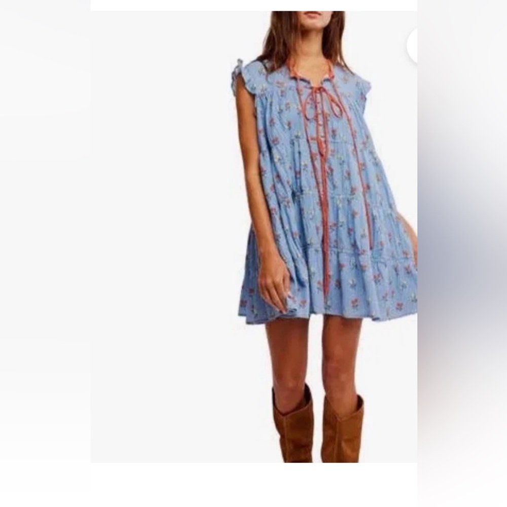 Free People Women SZ S Allure Blue Floral Layer Ruffle Dress Lined Tie Boho NWT
